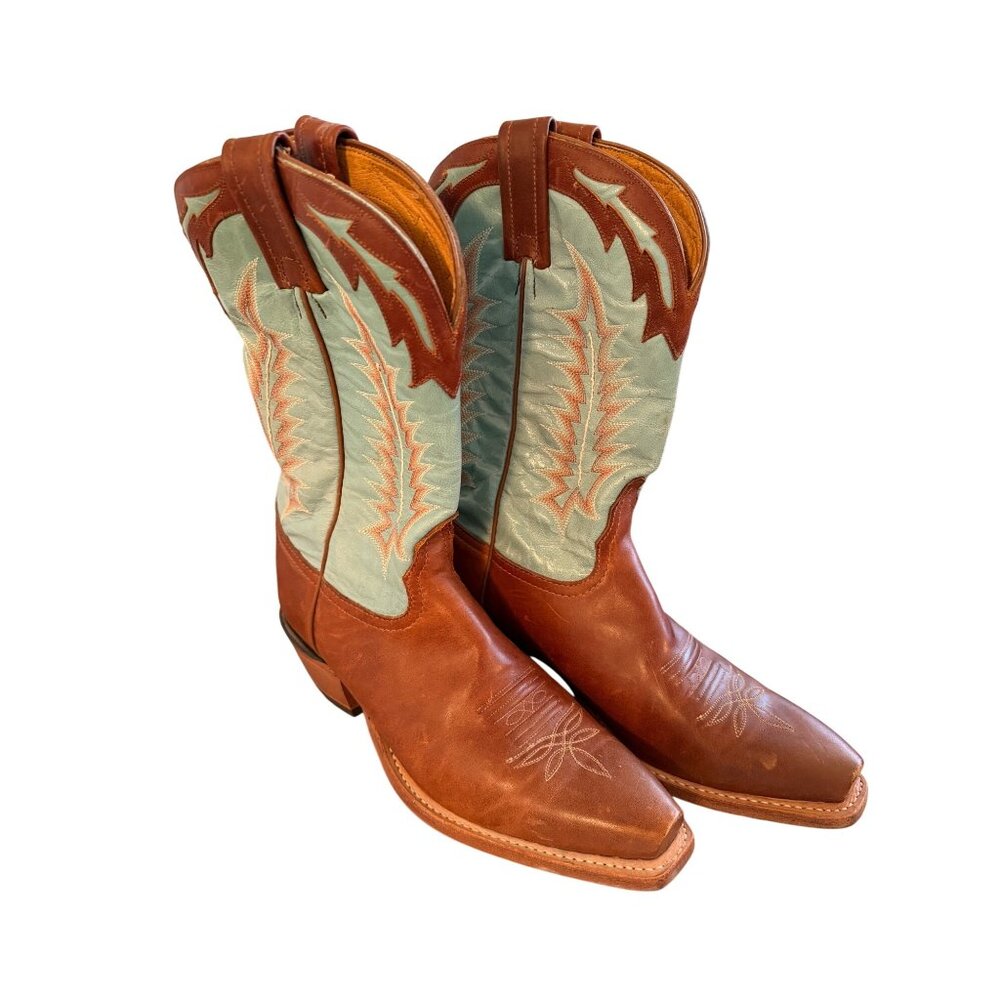 Tony Lama Womens Boots Size 8 B Brown Turquoise Cowgirl Embroidered USA Vintage - Picture 2 of 16